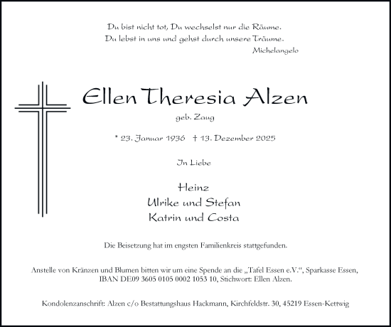 Traueranzeige von Ellen Theresia Alzen von Tageszeitung
