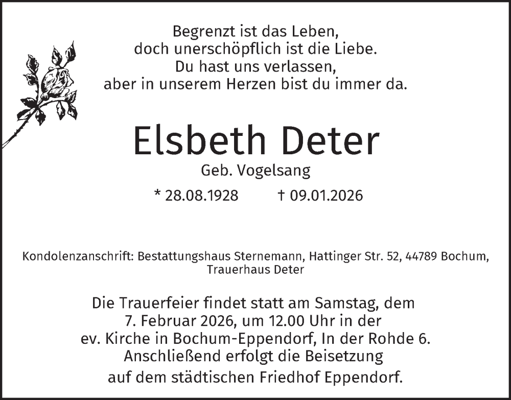  Traueranzeige für Elsbeth Deter vom 24.01.2026 aus Tageszeitung