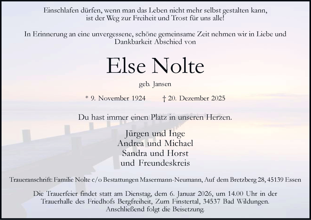  Traueranzeige für Else Nolte vom 03.01.2026 aus Tageszeitung