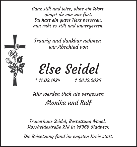Traueranzeige von Else Seidel von Tageszeitung