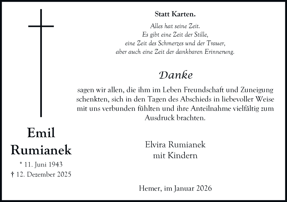  Traueranzeige für Emil Rumianek vom 24.01.2026 aus Tageszeitung