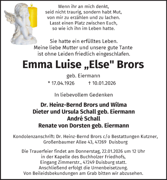 Traueranzeige von Emma Luise Brors von Tageszeitung