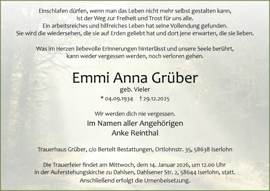Traueranzeige von Emmi Anna Grüber von Tageszeitung
