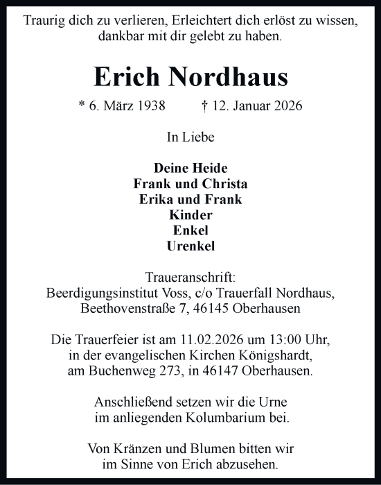 Traueranzeige von Erich Nordhaus von Tageszeitung