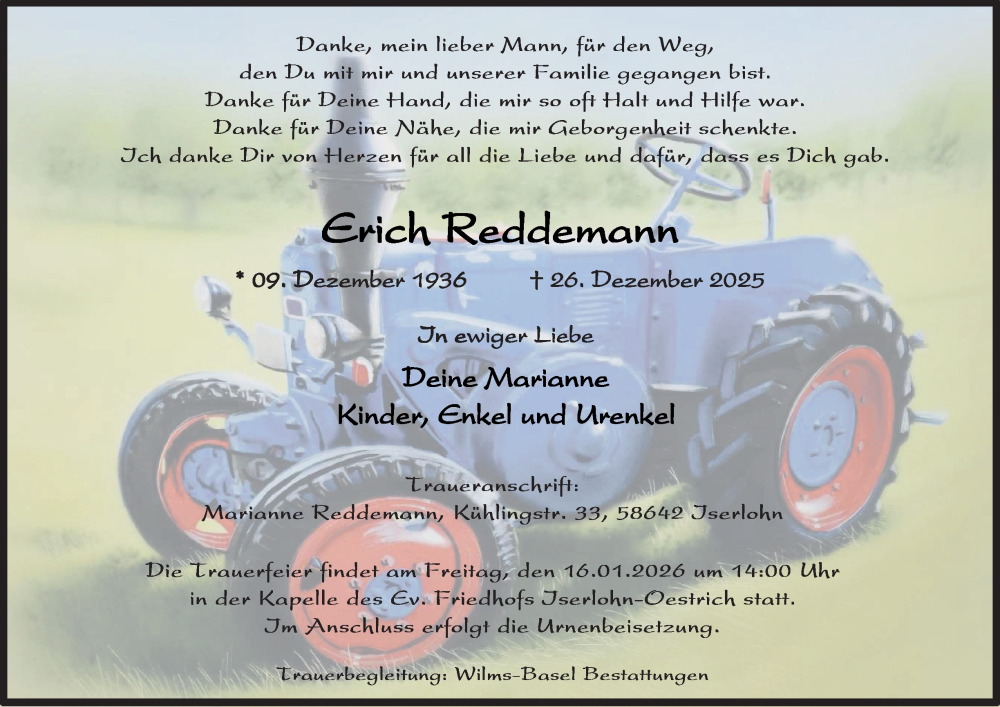  Traueranzeige für Erich Reddemann vom 10.01.2026 aus Tageszeitung