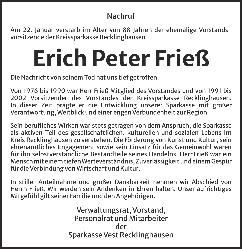  Traueranzeige für Erich Peter Frieß vom 31.01.2026 aus Tageszeitung