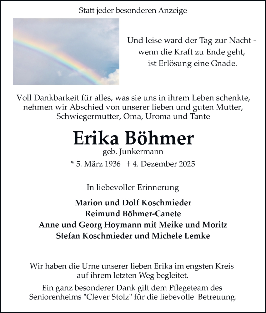  Traueranzeige für Erika Böhmer vom 10.01.2026 aus Tageszeitung