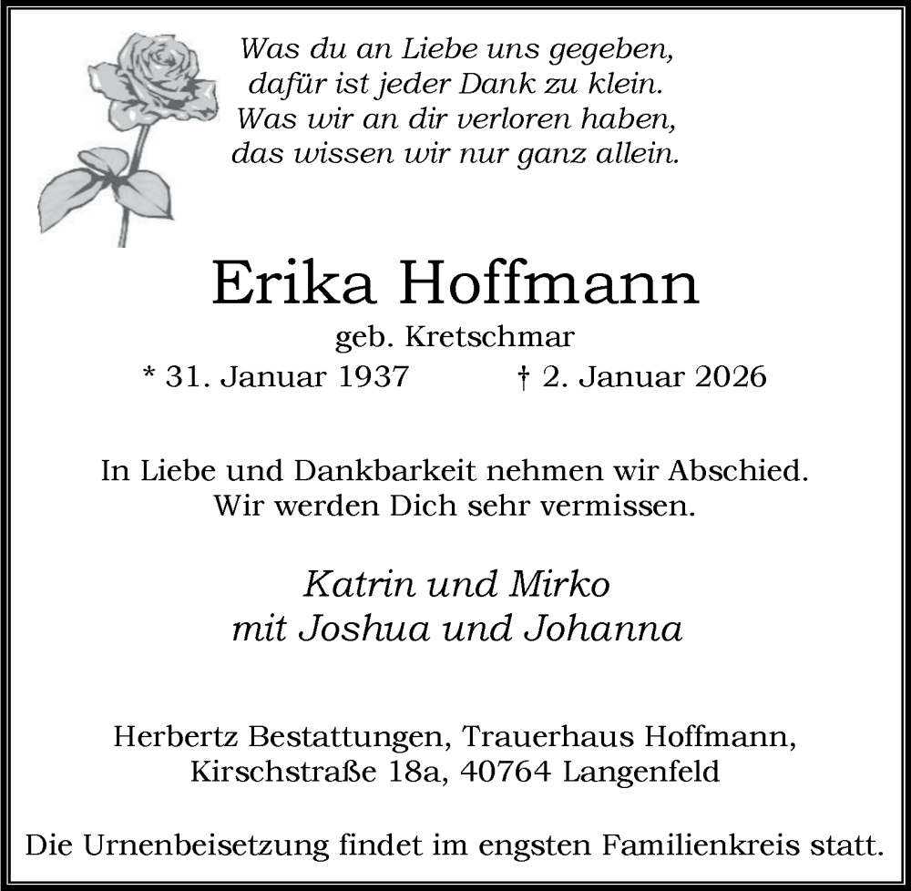  Traueranzeige für Erika Hoffmann vom 24.01.2026 aus Tageszeitung