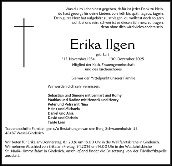 Traueranzeige von Erika Ilgen von Tageszeitung
