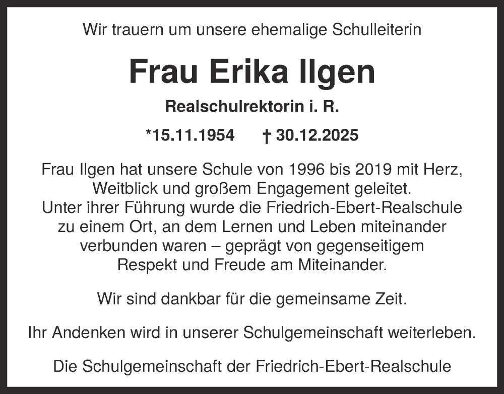  Traueranzeige für Erika Ilgen vom 17.01.2026 aus Tageszeitung