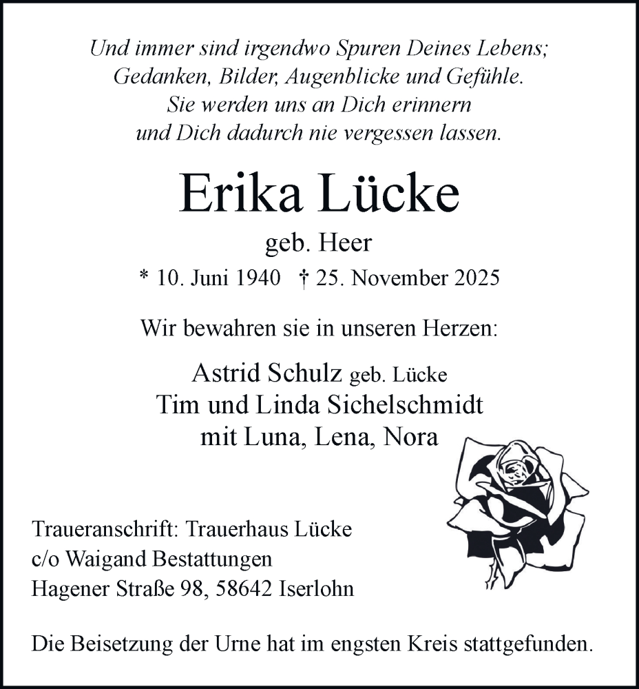  Traueranzeige für Erika Lücke vom 24.01.2026 aus Tageszeitung