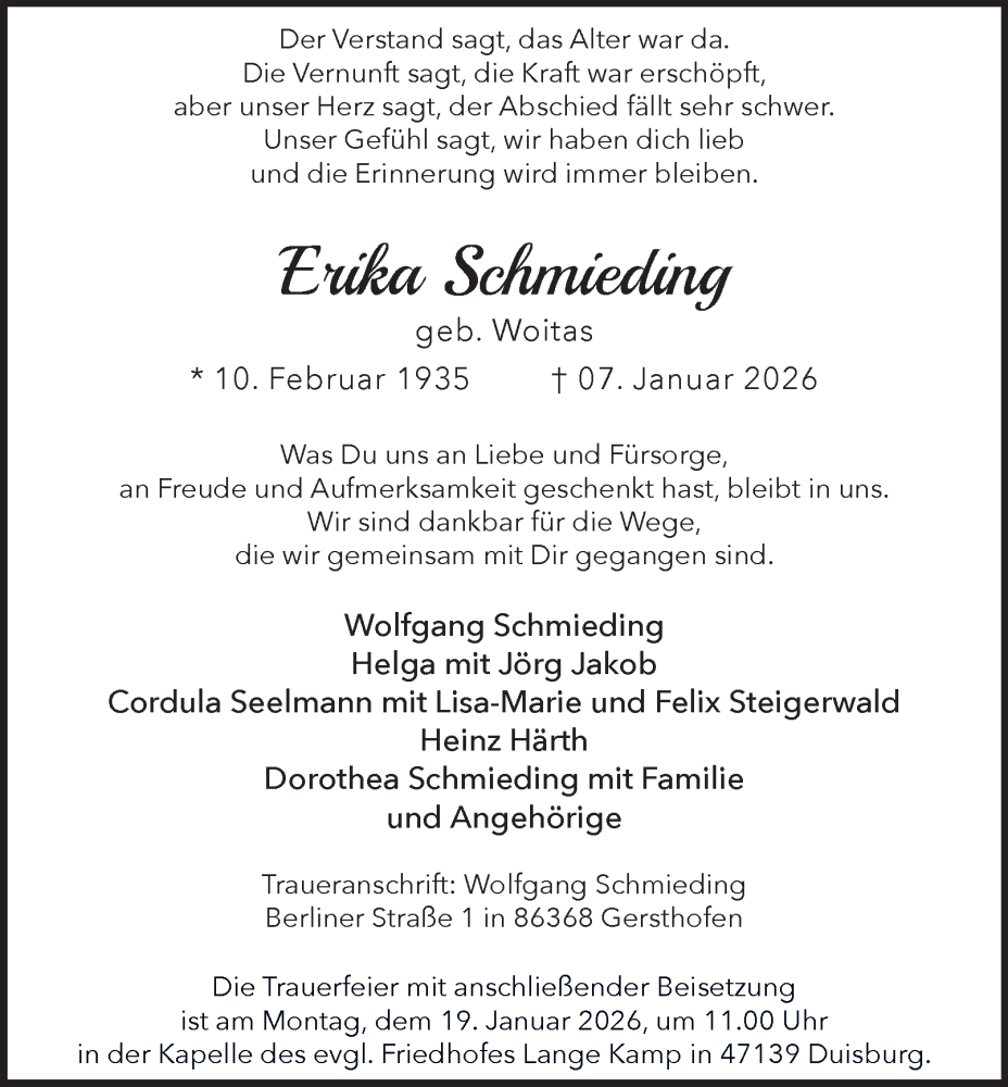 Traueranzeige für Erika Schmieding vom 14.01.2026 aus Tageszeitung