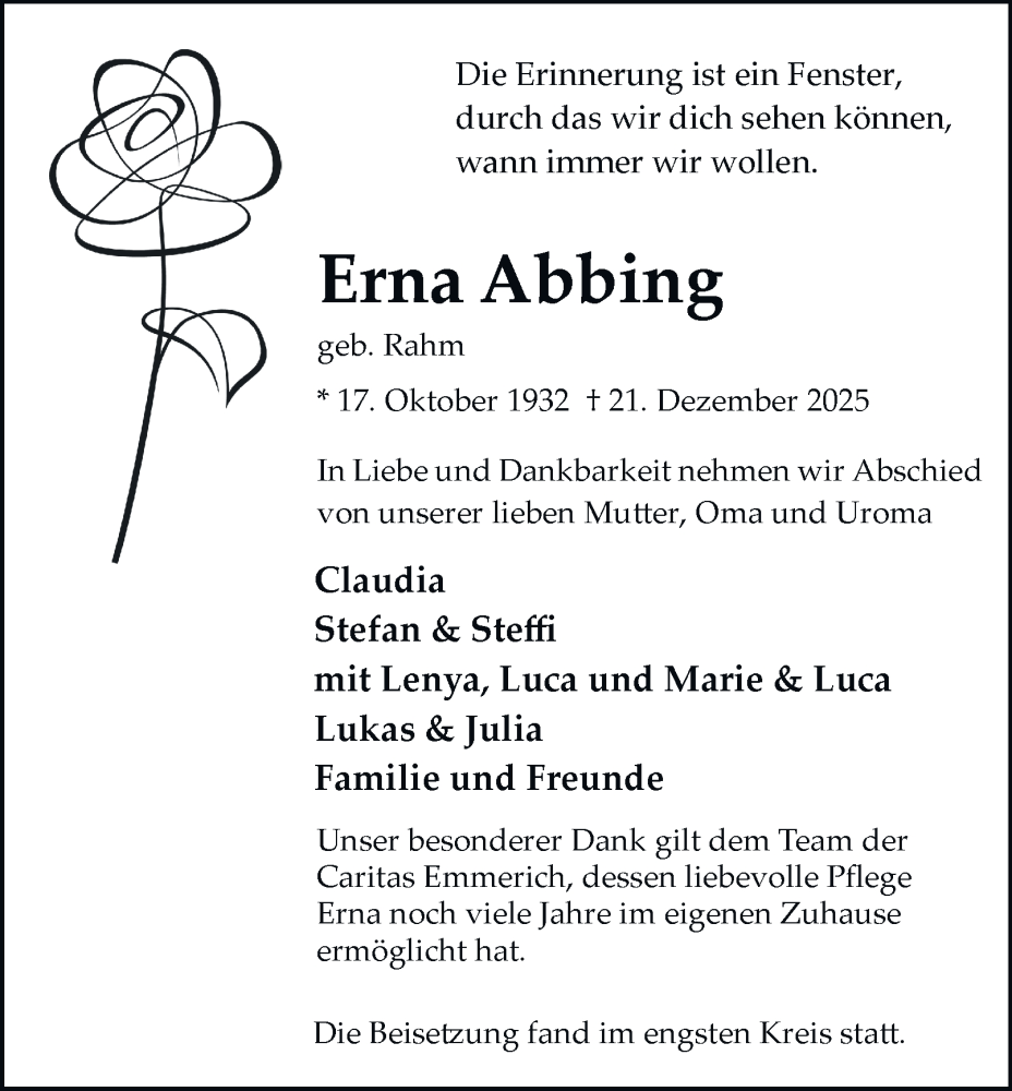  Traueranzeige für Erna Abbing vom 17.01.2026 aus Tageszeitung