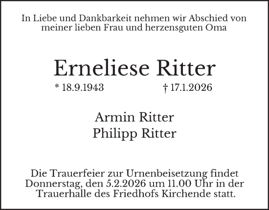 Traueranzeige von Erneliese Ritter von Tageszeitung