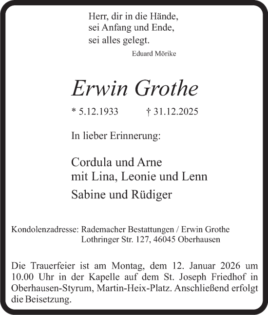 Traueranzeige von Erwin Grothe von Tageszeitung