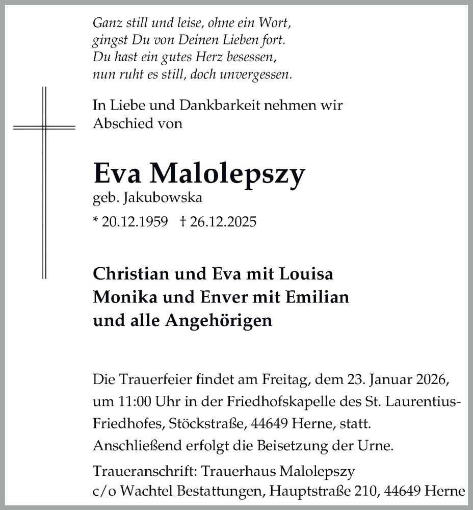  Traueranzeige für Eva Malolepszy vom 17.01.2026 aus Tageszeitung