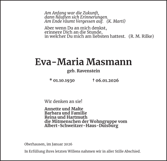 Traueranzeige von Eva-Maria Masmann von Tageszeitung