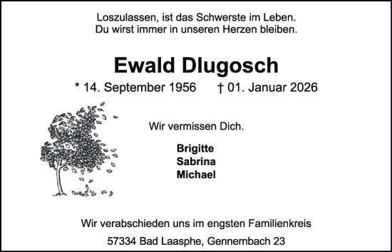 Traueranzeige von Ewald Dlugosch von Tageszeitung