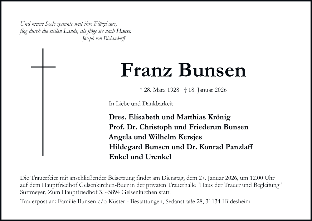  Traueranzeige für Franz Bunsen vom 21.01.2026 aus Tageszeitung