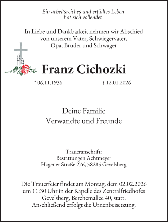 Traueranzeige von Franz Cichozki von Tageszeitung