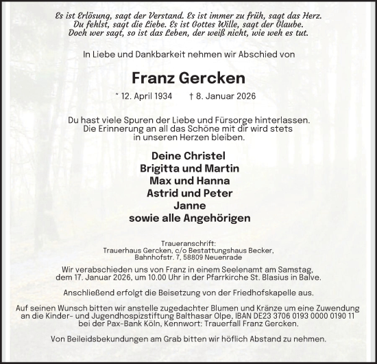 Traueranzeige von Franz Gercken von Tageszeitung