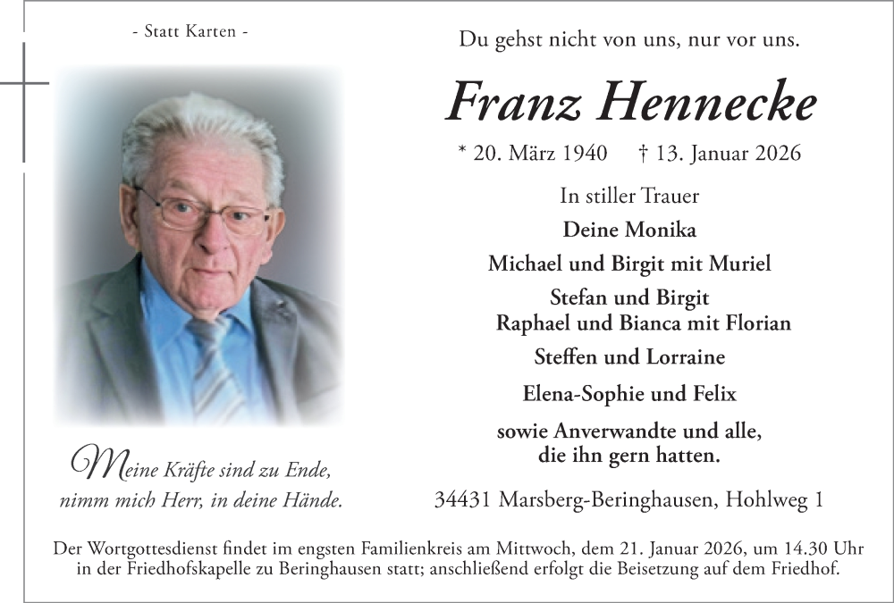  Traueranzeige für Franz Hennecke vom 17.01.2026 aus Tageszeitung