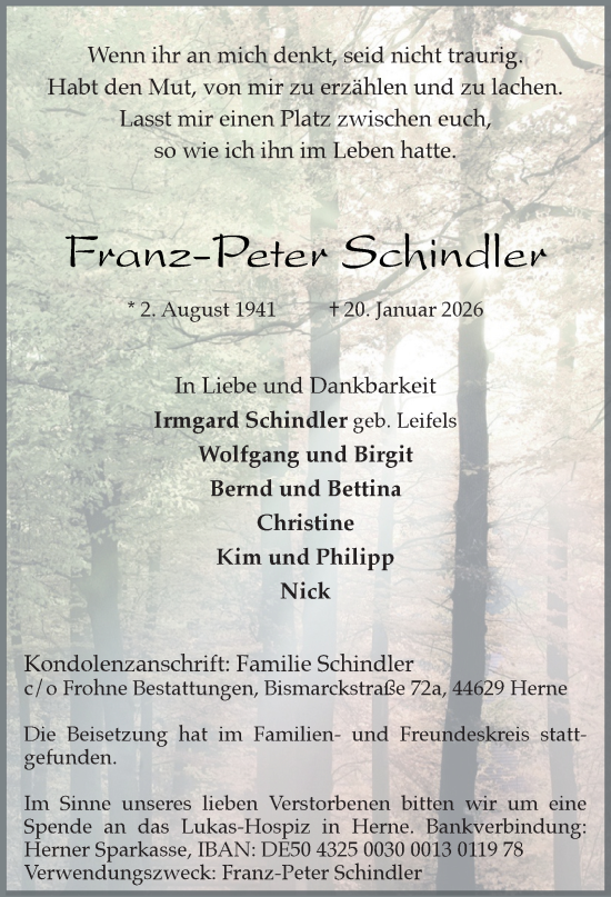 Traueranzeige von Franz-Peter Schindler von Tageszeitung