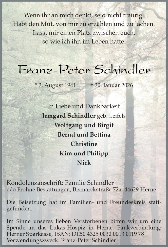  Traueranzeige für Franz-Peter Schindler vom 31.01.2026 aus Tageszeitung
