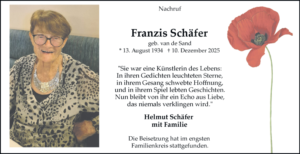  Traueranzeige für Franzis Schäfer vom 17.01.2026 aus Tageszeitung