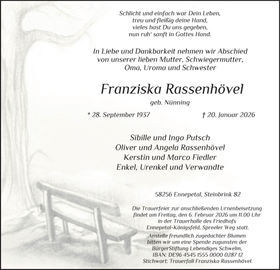 Traueranzeige von Franziska Rassenhövel von Tageszeitung
