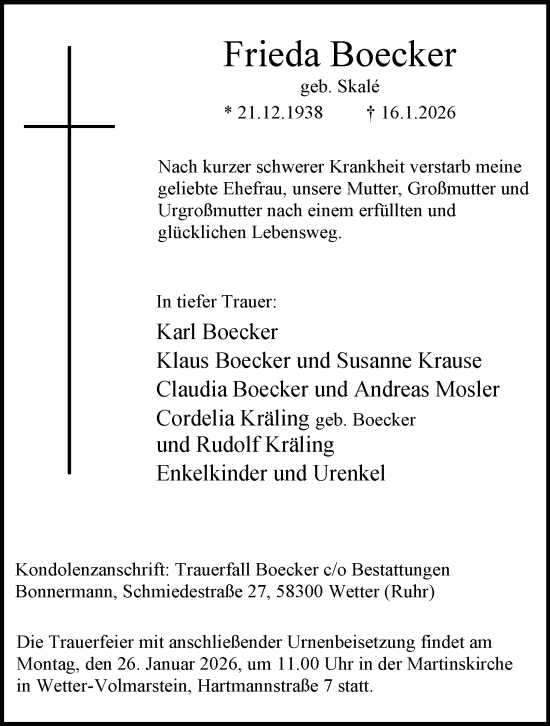 Traueranzeige von Frieda Boecker von Tageszeitung