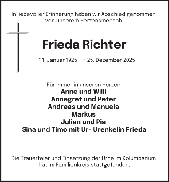 Traueranzeige von Frieda Richter von Tageszeitung