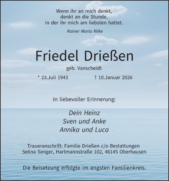 Traueranzeige von Friedel Drießen von Tageszeitung