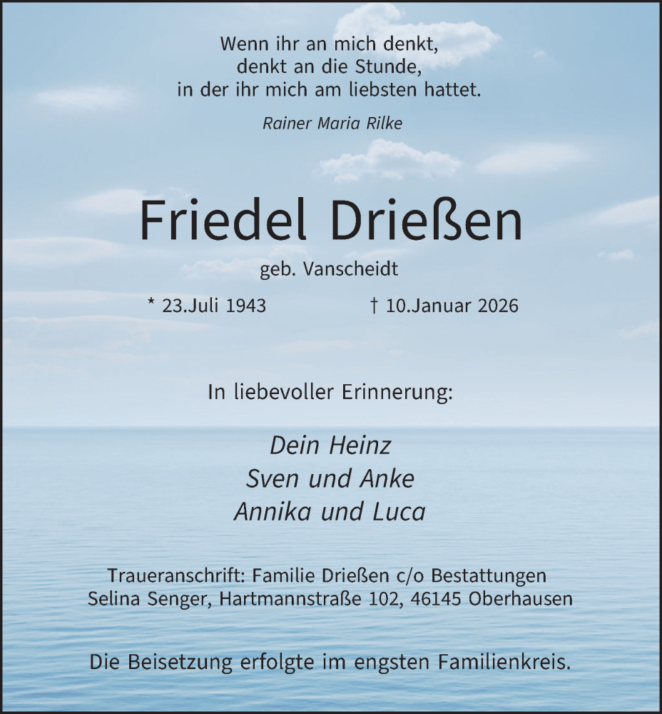  Traueranzeige für Friedel Drießen vom 24.01.2026 aus Tageszeitung