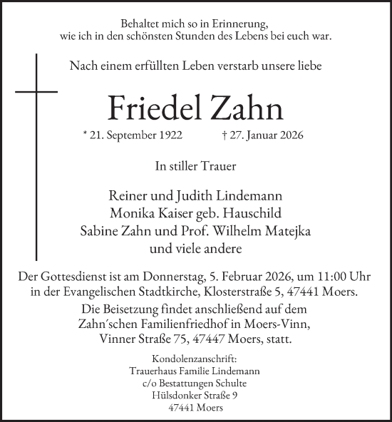 Traueranzeige von Friedel Zahn von Tageszeitung