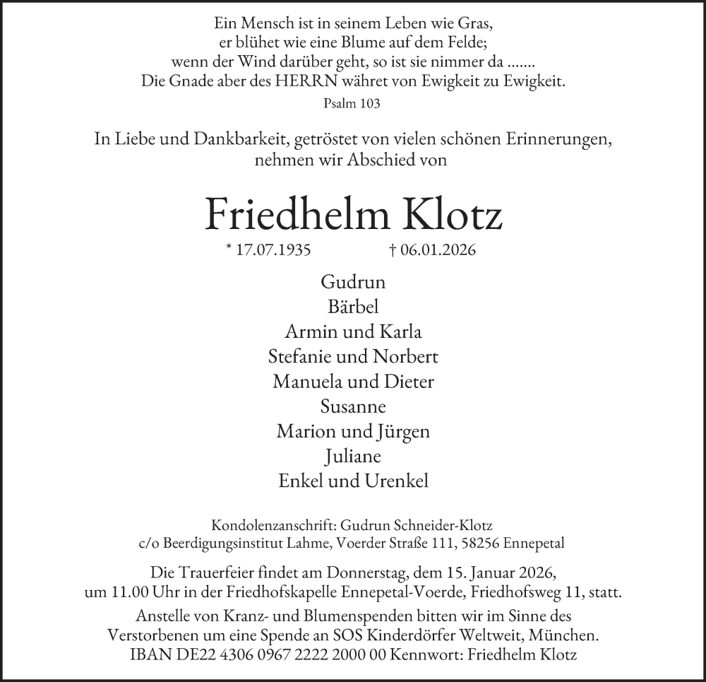  Traueranzeige für Friedhelm Klotz vom 10.01.2026 aus Tageszeitung