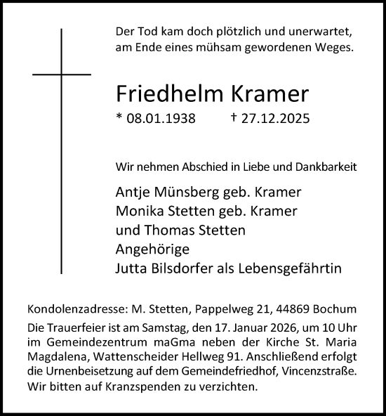 Traueranzeige von Friedhelm Kramer von Tageszeitung