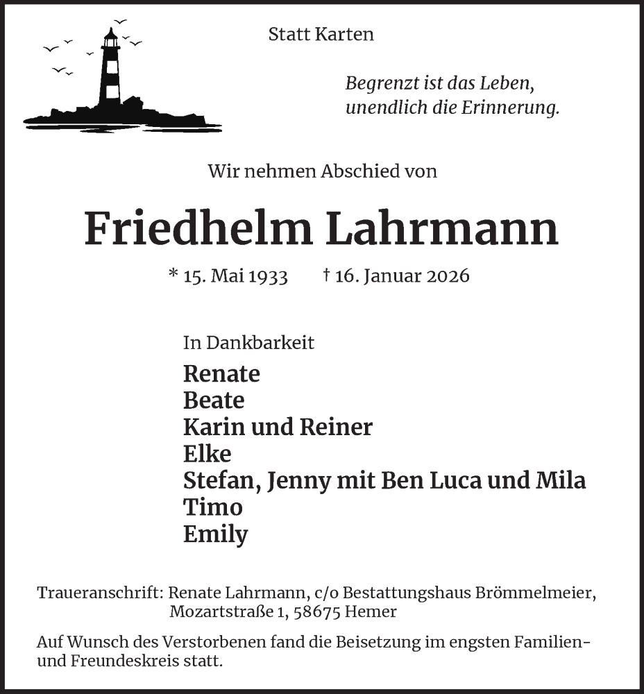  Traueranzeige für Friedhelm Lahrmann vom 31.01.2026 aus Tageszeitung