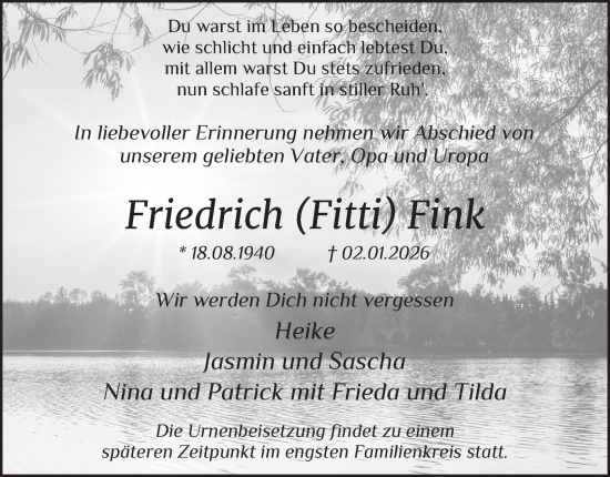 Traueranzeige von Friedrich Fink von Tageszeitung