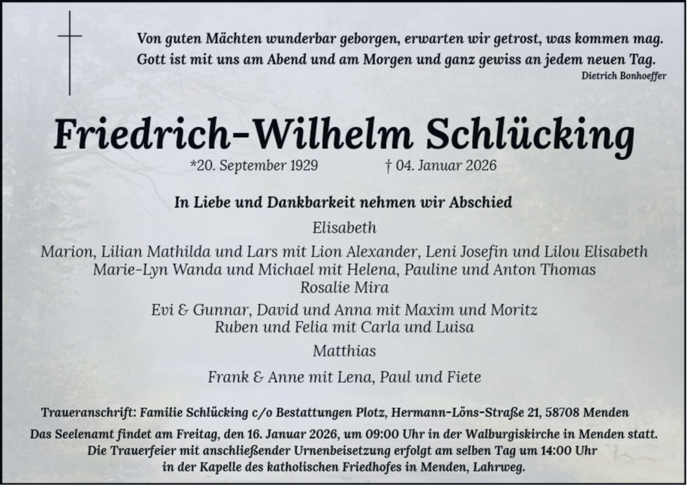 Traueranzeige für Friedrich-Wilhelm Schlücking vom 10.01.2026 aus Tageszeitung