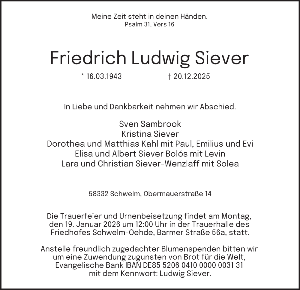  Traueranzeige für Friedrich Ludwig Siever vom 03.01.2026 aus Tageszeitung