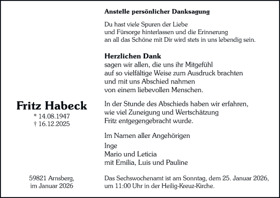 Traueranzeige von Fritz Habeck von Tageszeitung