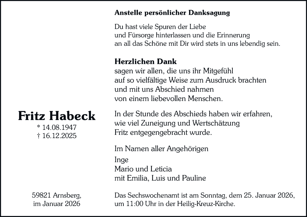  Traueranzeige für Fritz Habeck vom 17.01.2026 aus Tageszeitung