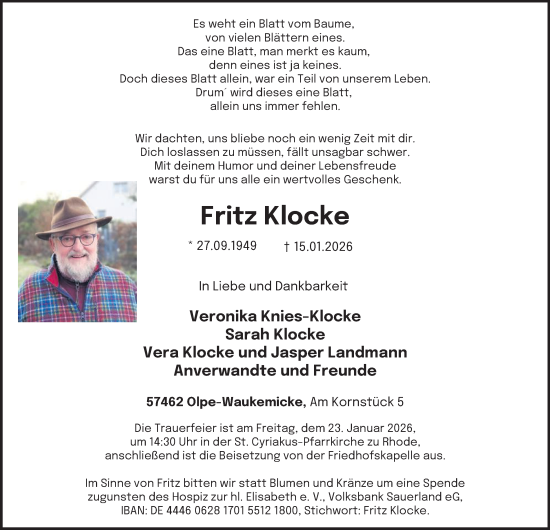 Traueranzeige von Fritz Klocke von Tageszeitung
