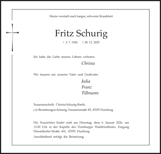 Traueranzeige von Fritz Schurig von Tageszeitung