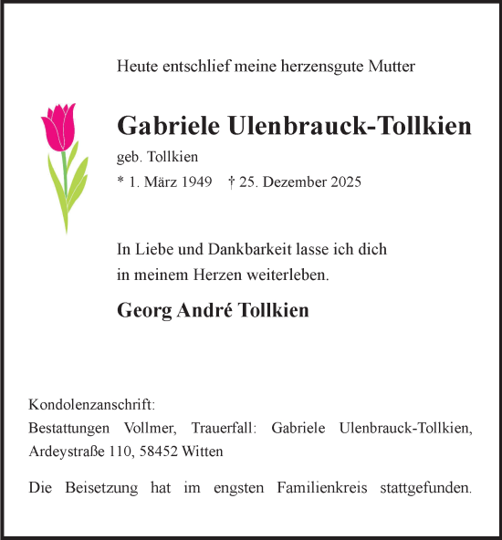 Traueranzeige von Gabriele Ulenbrauck-Tollkien von Tageszeitung
