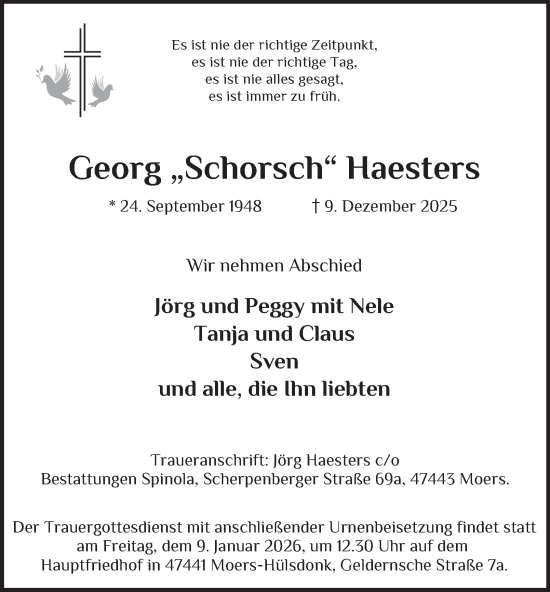 Traueranzeige von Georg Haesters von Tageszeitung