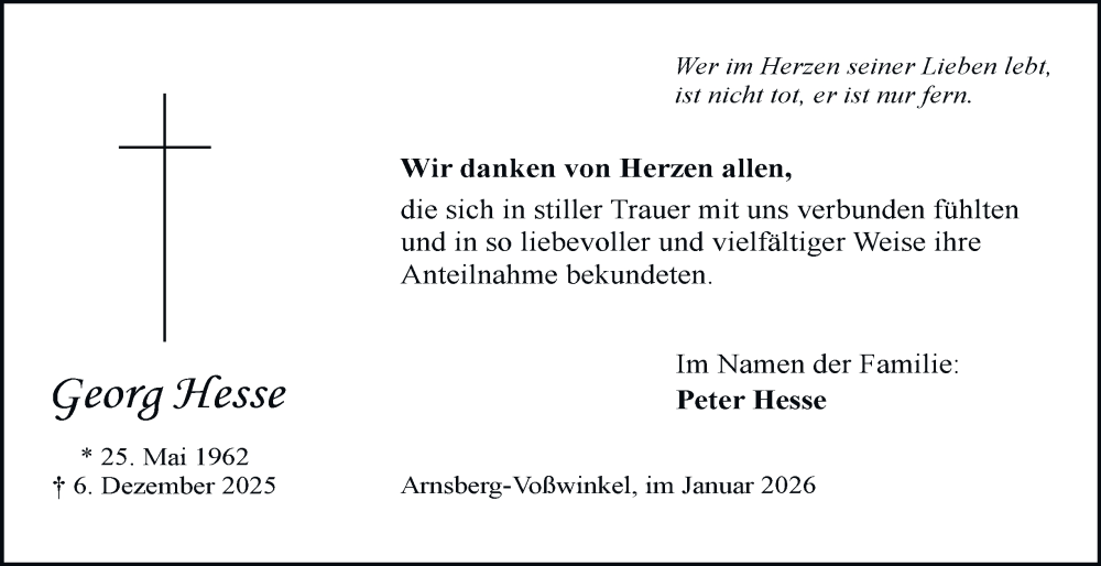  Traueranzeige für Georg Hesse vom 17.01.2026 aus Tageszeitung