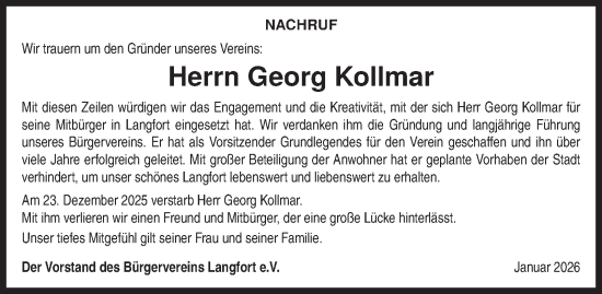 Traueranzeige von Georg Kollmar von Tageszeitung