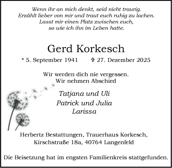 Traueranzeige von Gerd Korkesch von Tageszeitung